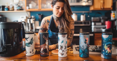 A woman crafting sublimation tumblers at her dining room table, surrounded by sublimation equipment and tumblers, focused on her creative DIY project.